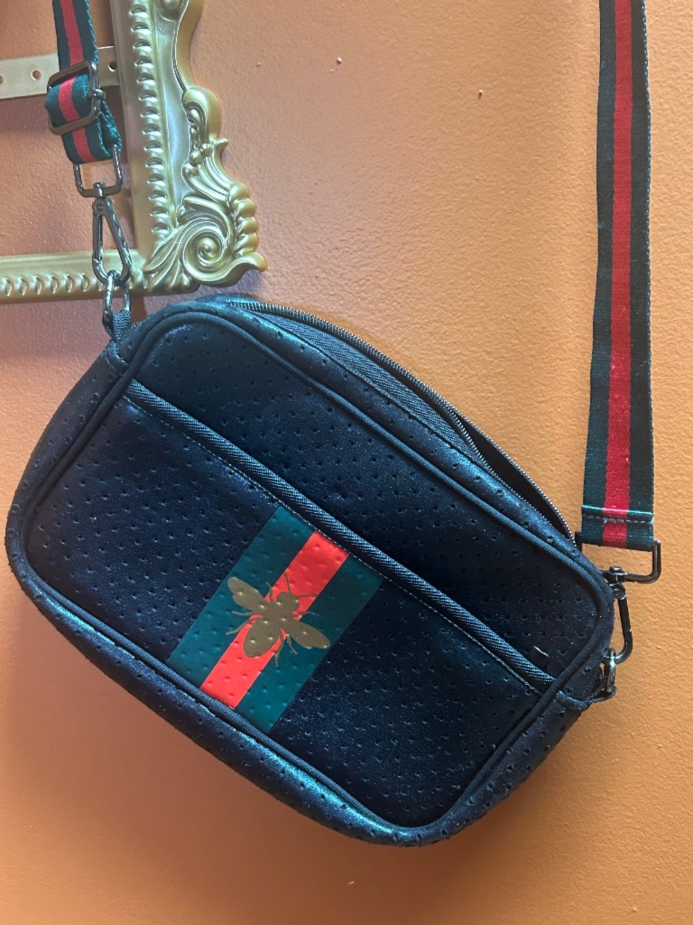 Parker & Hyde Queen Bee Black Neoprene Crossbody Bag Striped Strap